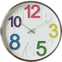 BAILEY, Metal wall clock with a silver tone bezel.  Colorful 3D 3/6/9/12 hour numbers, aluminum hands.