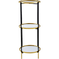 Ara 39 Inch Round 3 Tier Shelf, Metal, Mirrored Glass Shelves, Black, Gold