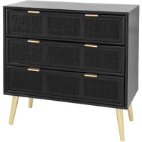 31 Inch Dresser Chest Cabinet, 3 Drawers, Woven Rattan, Modern, Black, Gold