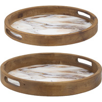 18, 15 Inch Round Decorative Tray, Marble Effect, Brown Fir Wood Frame