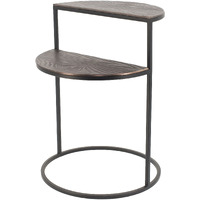 22 Inch Modern Metal Round Accent Table, 2 Half Circle Shelves, Wood, Brown