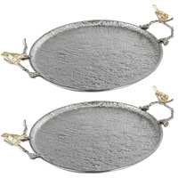 21 Inch Decorative Tray Set of 2, Perched Birds Silver Metal, Large