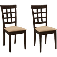 17 Inch Side Dining Chair, Set of 2, Lattice Back Brown Wood, Tan Fabric