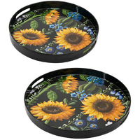 2 Piece Modern Decorative Trays, Round Plastic Frame, Sunflower Motifs