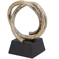 10 Inch Modern Table Sculpture, Bright Gold Aluminum, Intertwined Ring Loop