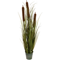 Vickerman 36" Artificial Potted Green Grass with Cattails in Iron Pot.