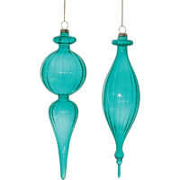 Blue Ribbed Glass Finial Drop Ornament (Set of 6)