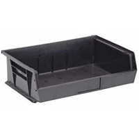 Bin, stacking or hanging, 16-1/2W x 10-7/8D x 5H, front/back/side grips, anti-slide lock, (3) divider slot, rear hanger, molded-in label holder, polypropylene, black, Made in USA