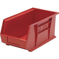 Bin, stacking or hanging, 8-1/4W x 18D x 9H, front/back/side grips, anti-slide lock, (1) divider slot, rear hanger, molded-in label holder, polypropylene, red, Made in USA