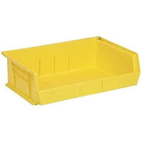 Bin, stacking or hanging, 16-1/2W x 10-7/8D x 5H, front/back/side grips, anti-slide lock, (3) divider slot, rear hanger, molded-in label holder, polypropylene, yellow, Made in USA