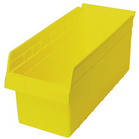 Economy Shelf Bin, nesting, 17-7/8W x 8-3/8D x 4H, (7) divider slots, rear hanglock, molded-in label holder, yellow polyropylene, Made in USA