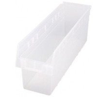 Economy Shelf Bin, nesting, 23-5/8W x 6-5/8D x 4H, (7) divider slots, rear hanglock, molded-in label holder, clear polyropylene, Made in USA