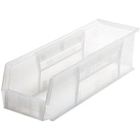 Bin, stacking or hanging, 5-1/2W x 18D x 5H, front/back/side grips, anti-slide lock, (1) divider slot, rear hanger, molded-in label holder, polypropylene, clear, Made in USA