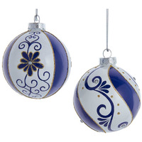 80 mm Blue & White Glass Balls Ornament Set - 6 Piece