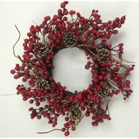 AI-FL7060-Q01 Holly Red Berries & Brown Pinecones Wreath, Red & Brown