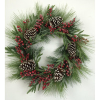 AI-FL7082-Q01 Pine Needles, Cones & Berries Wreath, Green, Red & Brown