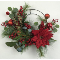 AI-FL7084-Q01 Christmas Poinsettia & Ornaments on Half Wreath, Green, Red & Brown