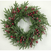 AI-FL7074-Q06 Icy Green Branches & Red Berries Wreath - Set of 6