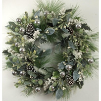 AI-FL7066-Q04 30 in. Frosted Green with Pinecones, White Berries & Silver Ornaments Wreath - Set of 4