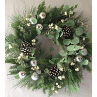 AI-FL7065-Q12 Frosted Green with Pinecones, White Berries & Silver Ornaments Wreath - Set of 12