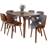 Folia Fabrizzi Mid-Century Modern Dining Set in Walnut Wood and Grey Fabric by LumiSource - 7 Piece