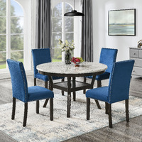 5-Piece Mella Dining Set - Round Faux Marble Table with 4 Blue Velvet Parsons Chairs, Dark Espresso Finish