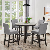 5-Piece Mella Counter Height Dining Set - Round Faux Marble Table with 4 Gray Velvet Parsons Stools