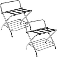 USTECH Luggage Rack, Chrome-Double Tier with High Back, Fully Asssembled, Foldable Rack for Guest Room (Pack of 2)