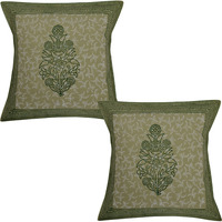 Ethnic Cotton Cushion Covers Green Square Sofa Decorative Pillow Cases Pair 40 Cm