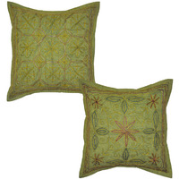 Vintage Retro Cushion Cover Set Zari Embroidered Green Cotton Pillow Cases 40 Cm