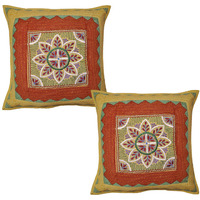 Indian Cotton Cushion Covers Pair Embroidered Flower Cut Kantha Pillowcases 40 Cm