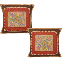 Indian Cotton Cushion Covers Pair Embroidered Flower Patchwork Pillowcases 40 Cm