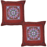 Indian Maroon Cushion Covers Pair Embroidered Flower Cut Kantha Pillowcases 40 Cm
