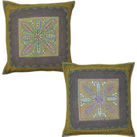 Indian Decor Cushion Cover Set Embroidered Cut Kantha Flower Pillowcases 40X40 Cm