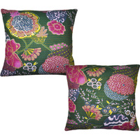 Indian Cotton Kantha Cushion Covers Green Fruit Printed Square Pillow Cases 40 Cm