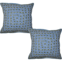 Indian Mirror Cushion Covers Pair Mirror Embroidered Cotton Blue Pillowcase 40 Cm