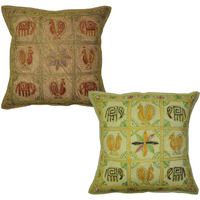 Indian Cotton Pillow Covers Pair Zari Embroidered Cotton Sofa Cushion Cover 40 Cm