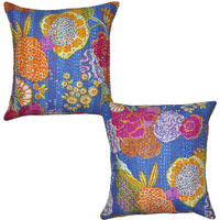 Indian Cushion Covers Pair Fruit Printed Kantha Square Blue Sofa Pillow Case 16 Inch