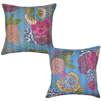 Indian Cotton Cushion Covers Pair Kantha Printed Fruit Pattern Blue Pillowcases