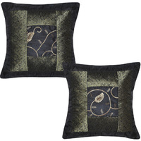 Indian Silk Cushion Covers Pair Brocade Work Black Silk Pillow Cases 40 Cm Decor