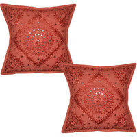 Home Decor Mirror Cushion Covers Pair Embroidered Orange Cotton Pillow Cases 16 Inch