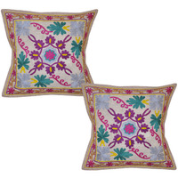 Indian Cotton Floral Cushion Covers Pair Embroidered Pattern Beige Pillowcases