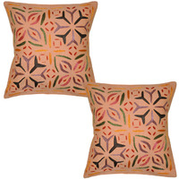 Indian Floral Cushion Covers Pair Peach Embroidered Home Decor Pillow Cases 40 Cm