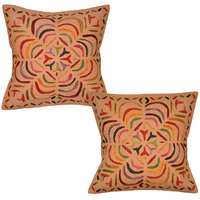 Square Cotton Cushion Covers Pair Embroidered Designer Peach Sofa Pillowcases 16 Inch