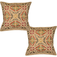 Indian Cotton Cushion Covers Pair Embroidered Beige Square Retro Pillowcases 16 Inch