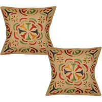 40 Cm Indian Cotton Pillow Cases Floral Embroidered Beige Retro Cushion Cover 2 Pc