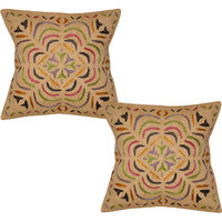 Ethnic Cotton Cushion Covers Pair Floral Embroidered Beige Square Pillowcase 16 Inch
