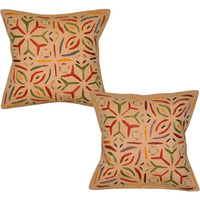 16 Inch Indian Orange Cushion Covers 2 Pc Set Floral Embroidered Cotton Pillowcases