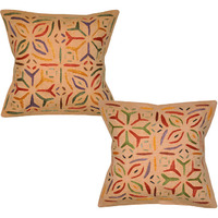 Indian Cotton Cushion Covers Pair Floral Embroidered Retro Orange Pillowcase 16 Inch