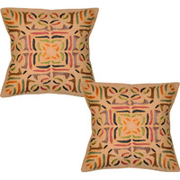 Indian Cotton Cushion Covers Pair Embroidered Floral Orange Retro Pillow Cases